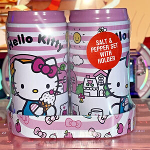 Hello Kitty Salt and Pepper Shaker Set & Holder Pink Bow Tin Metal 2024 Sanrio